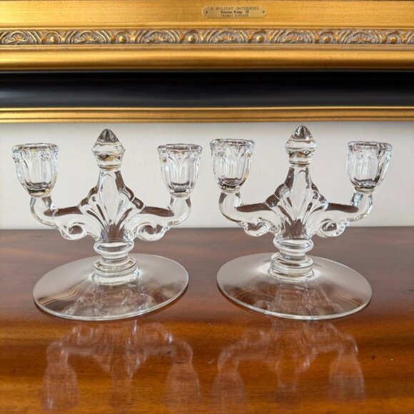 Heisey TridenCrystal Danish Clear Princess Pair Candlesticks 2 Lite Double Candl - Picture 7 of 12